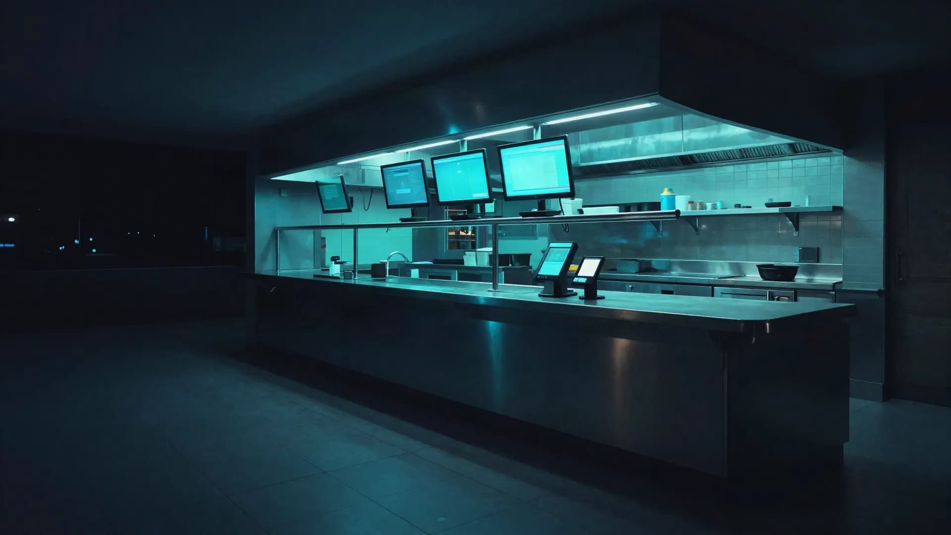A trade counter at night, its order screens lit above the counter.